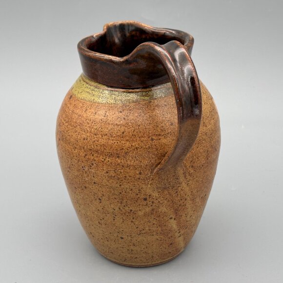 Vintage Studio Pottery Pitcher with Brown Speckled Glaze Botanical Design - Picture 4 of 8